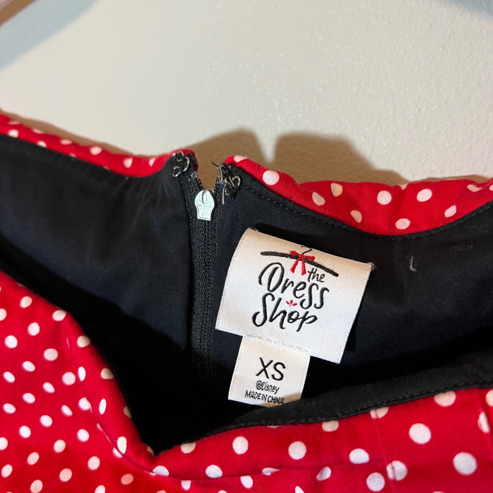 Disney Parks The Dress Shop Minnie Mouse Polka Dot Dress Red Black XS Retro Bow - Picture 5 of 13